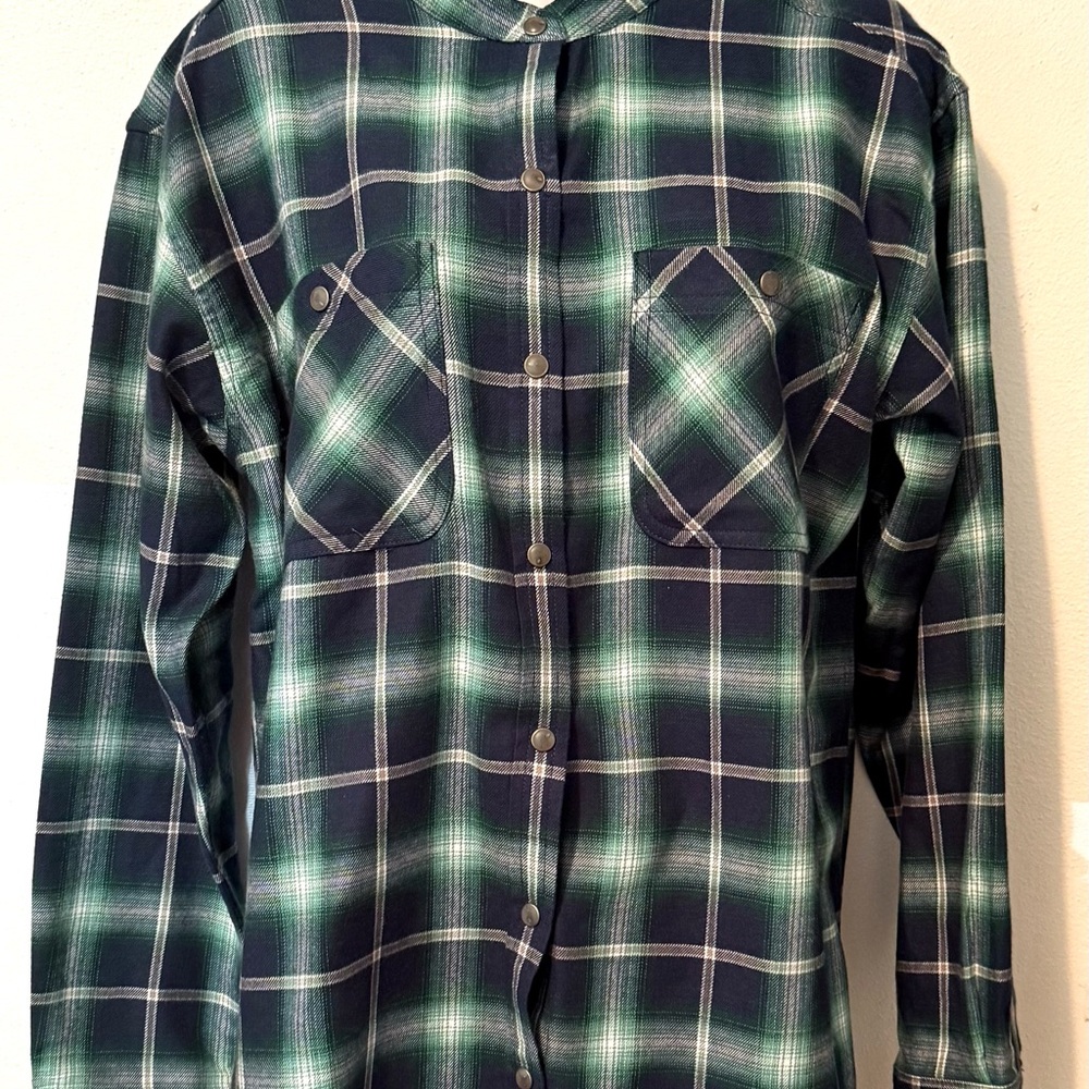 Eddie Bauer Women Long Collarless Green Tunic Flannel Snaps Size Small